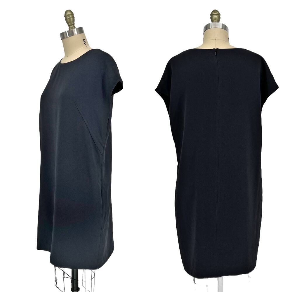 Vince Leather Piped Crepe Shift Mini Tunic Dress size Medium Charcoal Black - Picture 8 of 15